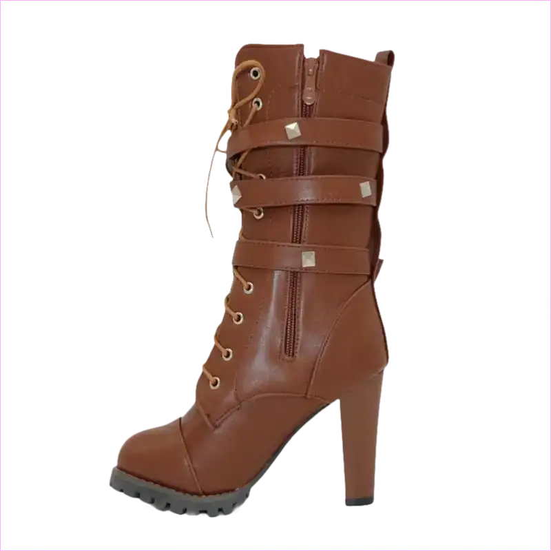 Brown leather high-heeled combat boot with multiple straps and laces.