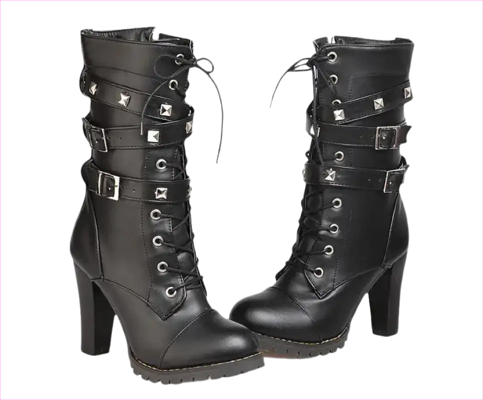 Pair of black high-heeled combat boots with buckles and studs.