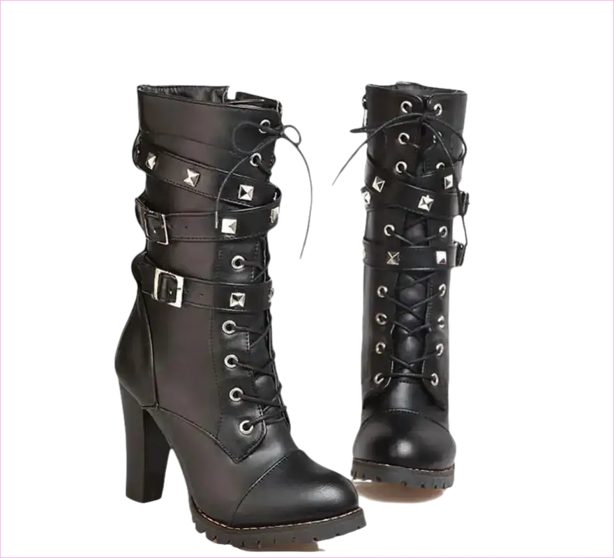 Black leather high-heeled combat boots with laces and buckle straps.