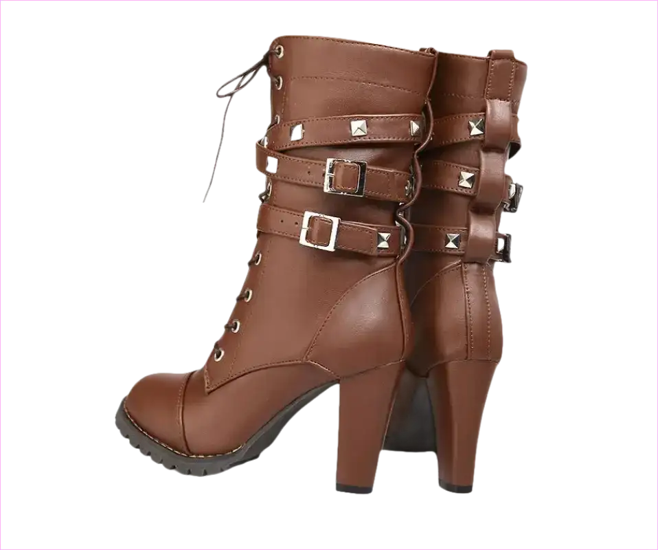 Brown leather high-heeled ankle boot with buckles and laces.