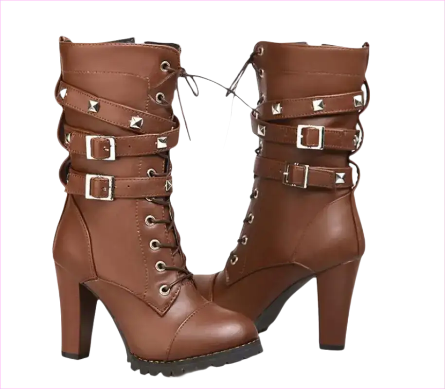 Pair of brown leather high-heeled combat boots with buckles and studs.