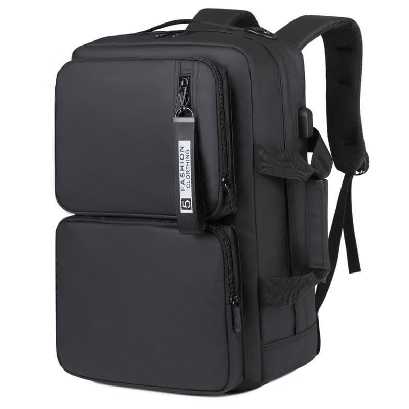 Black multi-compartment backpack with padded straps and multiple zippered pockets.