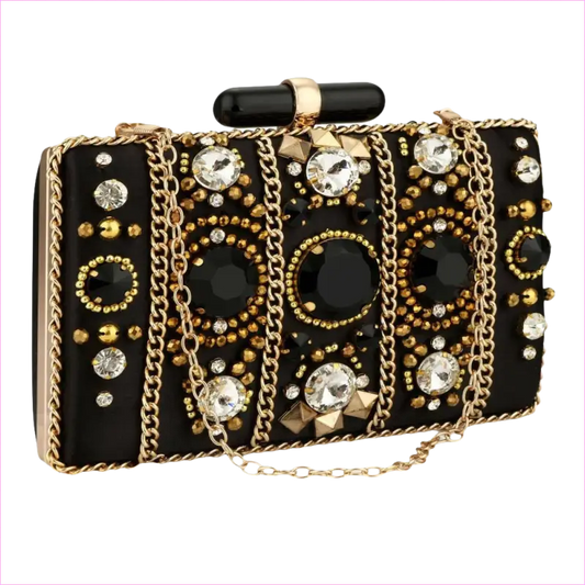 Black Satin Bohemia Style Rhinestone Clutch Bag