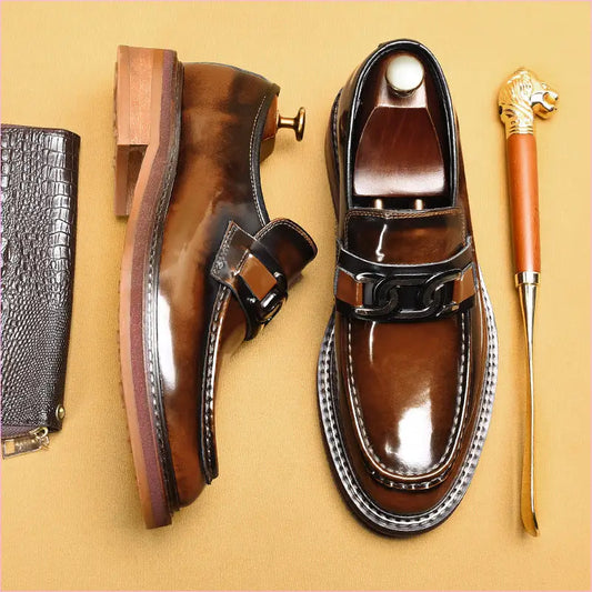 British Style Loafers with Hand Carved Leather and Buckle