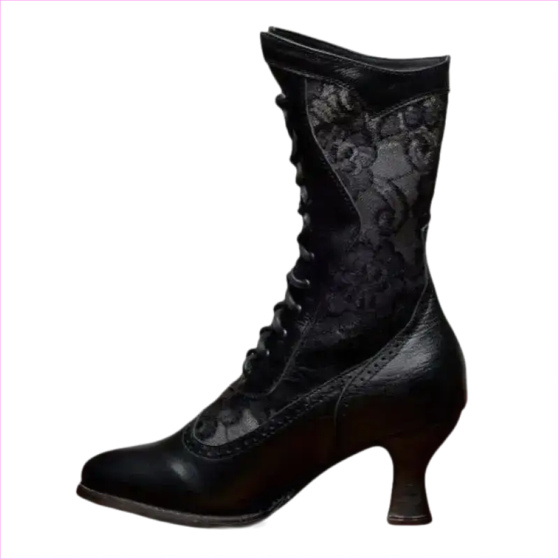 Victorian-style black leather lace-up boot with a curved heel and decorative lace panel.