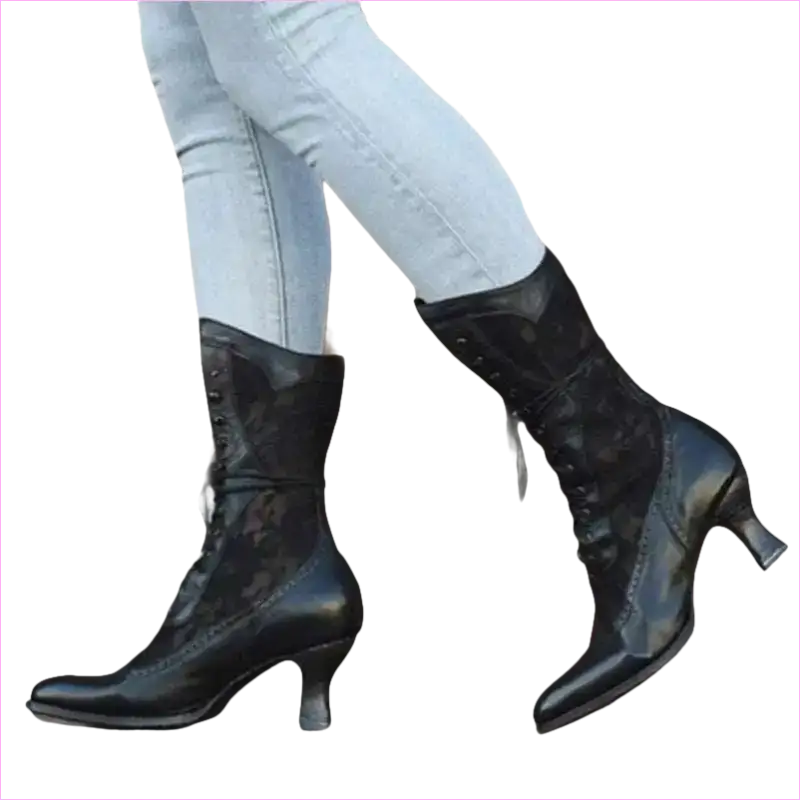Black leather mid-calf boots with laces and curved heels.