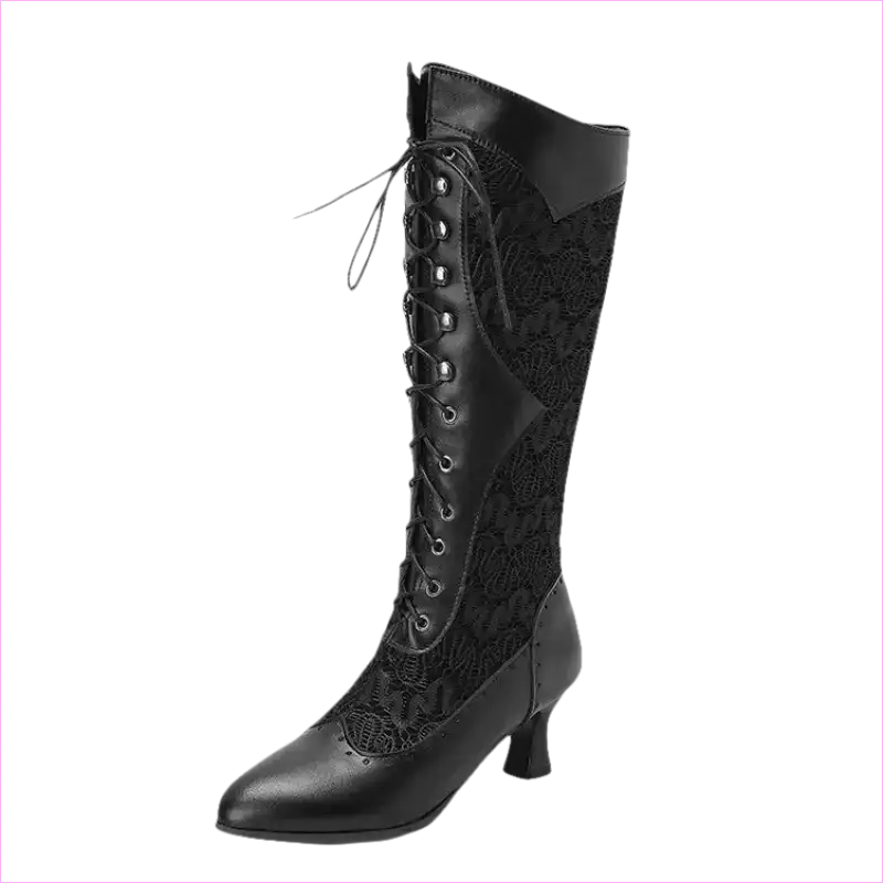 Black leather knee-high lace-up boot with a low heel and decorative lace panel.