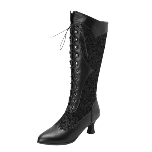 Black leather knee-high lace-up boot with a low heel and decorative lace panel.