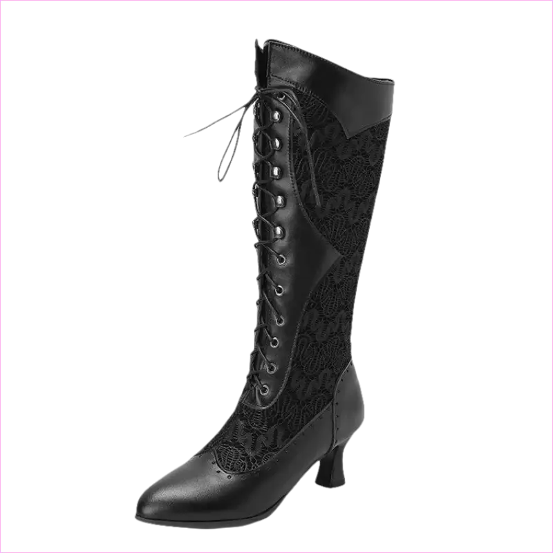 Black leather knee-high lace-up boot with a low heel and decorative lace panel.