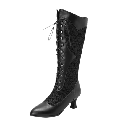 Black leather knee-high lace-up boot with a low heel and decorative lace panel.
