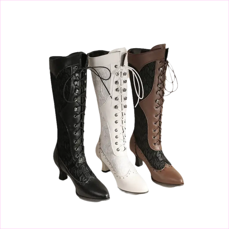 Three lace-up knee-high boots in black, white, and brown colors.