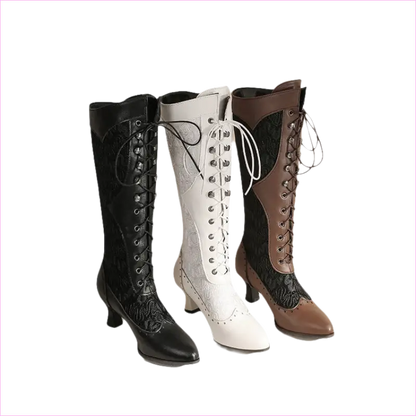 Three lace-up knee-high boots in black, white, and brown colors.
