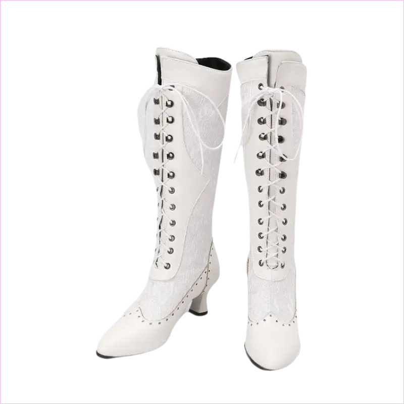 Pair of white leather lace-up knee-high boots with heels.