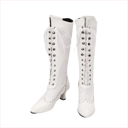 Pair of white leather lace-up knee-high boots with heels.