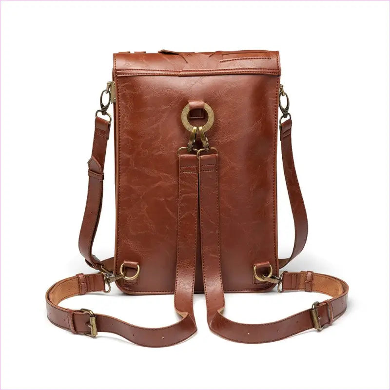 Brown leather backpack with convertible straps and a front tassel detail.