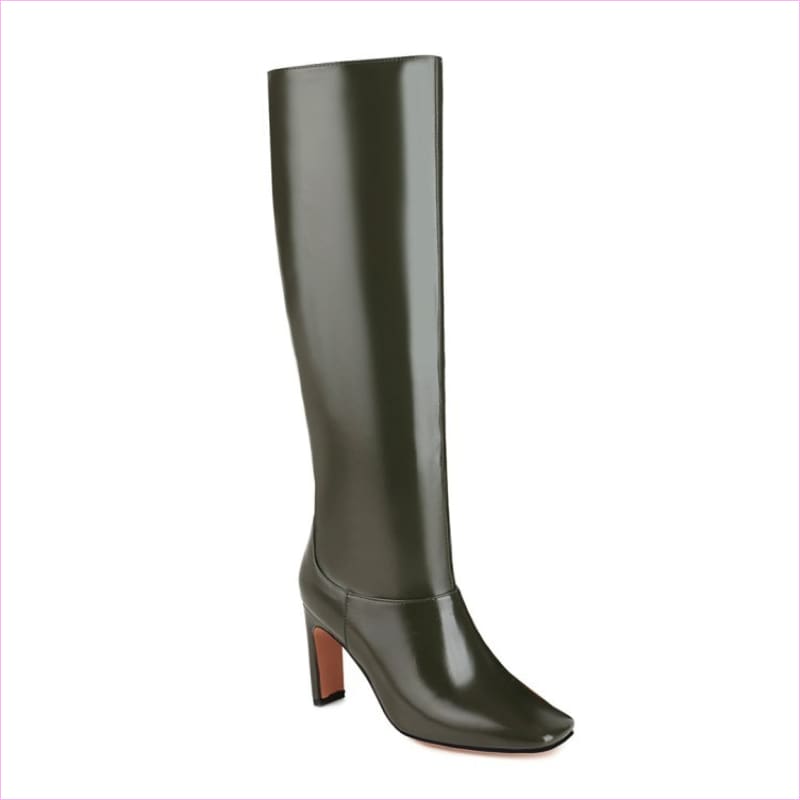 Tall, dark green leather boot with a high heel.