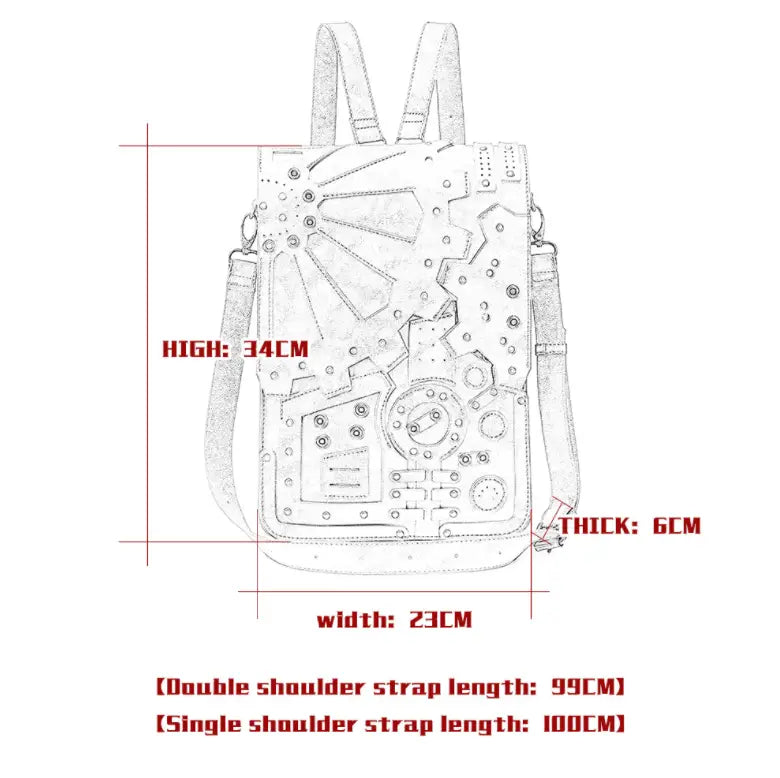 Technical diagram of Brown Steampunk Retro Leather Shoulder Bag with unique embossing.