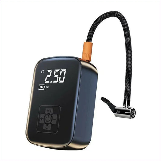 Digital tire inflator with a flexible hose and LCD display.