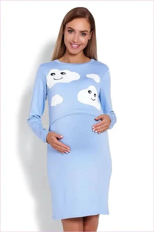 Cloud Motif Maternity Nightgown Fashion Style PeeKaBoo blue S/M