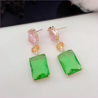 Pink Droplet Geometric Square Earrings Luxury Zircon
