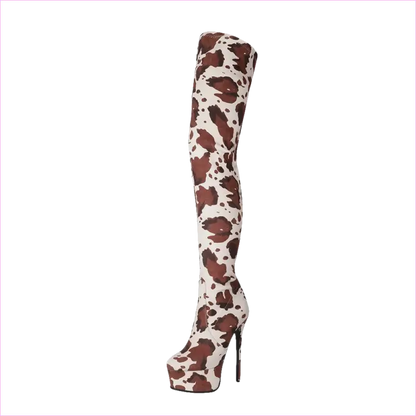 Thigh-high stiletto boot with a cow print pattern.