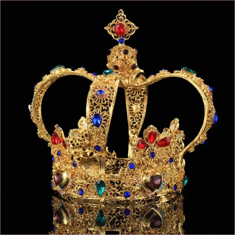 Stunning Crystal Queen Crown with Diamonds featuring ornate gold and colorful gemstones.