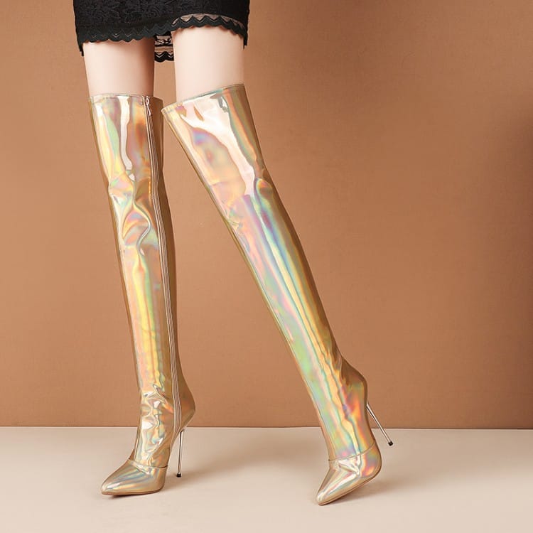 Holographic gold metallic thigh-high stiletto boots, stunning unisex shiny pearlescent style.