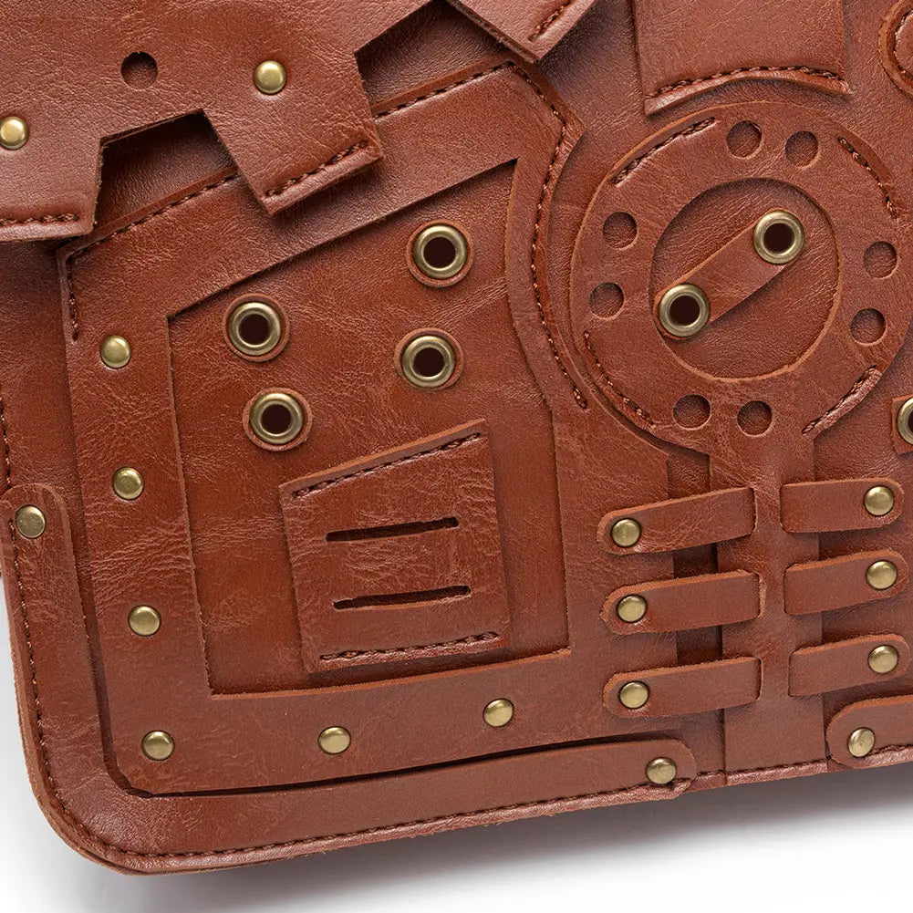 Brown Steampunk Retro Leather Shoulder Bag with metal grommets and embossed design.