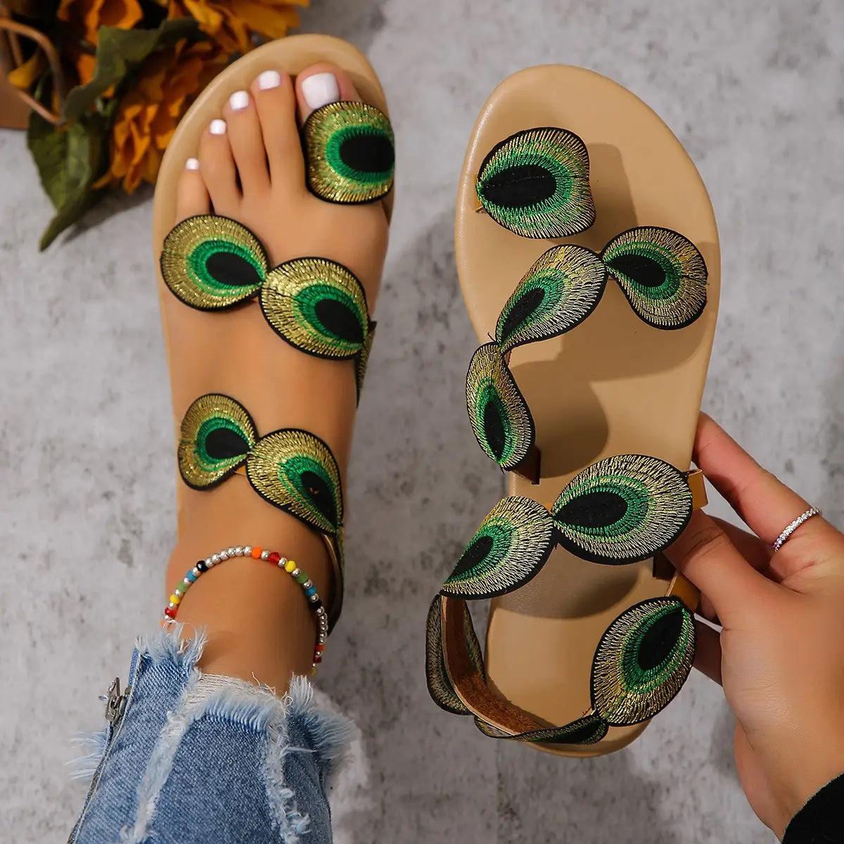 Ladies Beautiful Peacock Pattern Embroidered Summer Sandals with vibrant feather designs