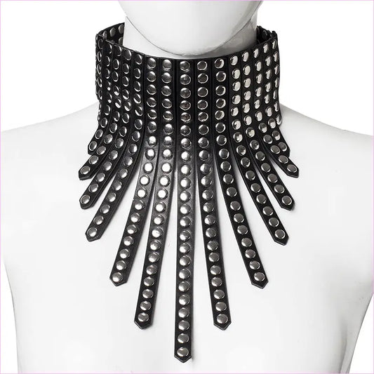 Edgy black leather choker necklace with studded straps fanning out in a dramatic collar design.