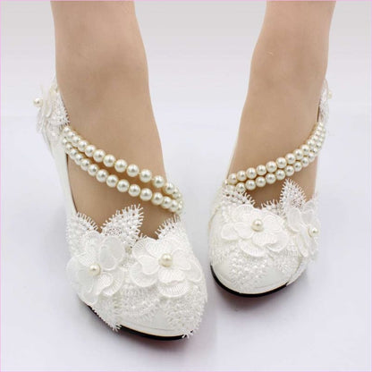 Elegant White Wedding Shoes with Pearl Strap and High Heel
