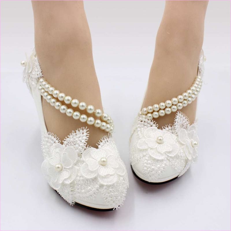Elegant White Wedding Shoes with Pearl Strap and High Heel