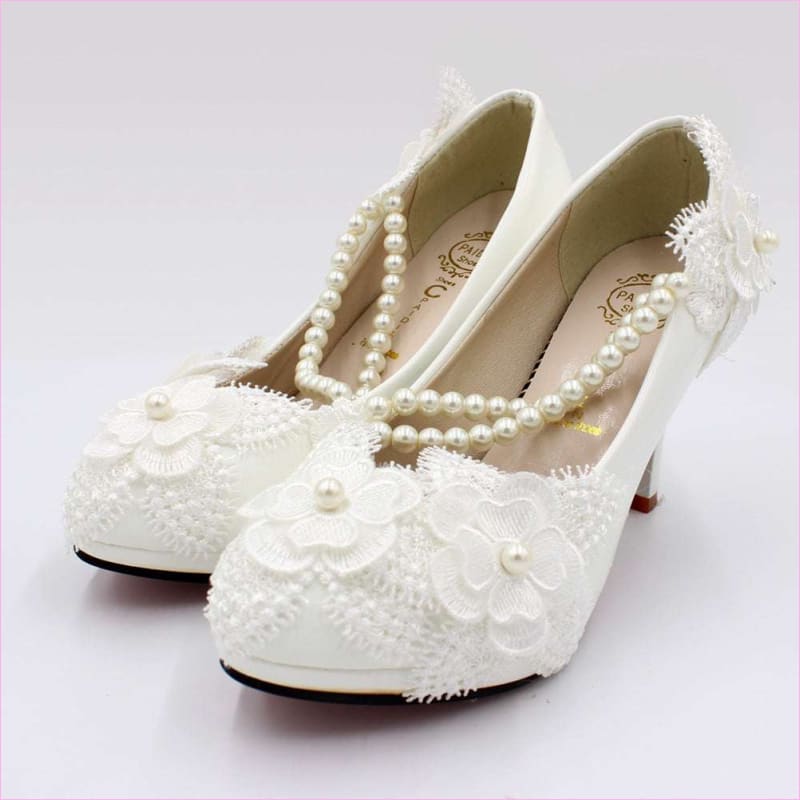 Elegant White Wedding Shoes with Pearl Strap and High Heel