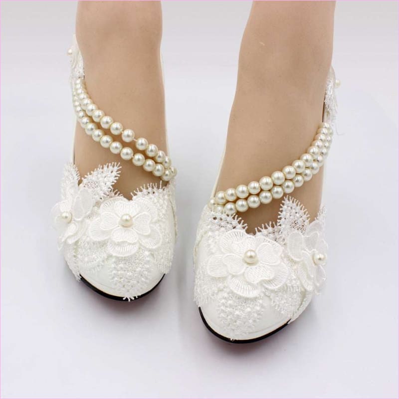 Elegant White Wedding Shoes with Pearl Strap and High Heel