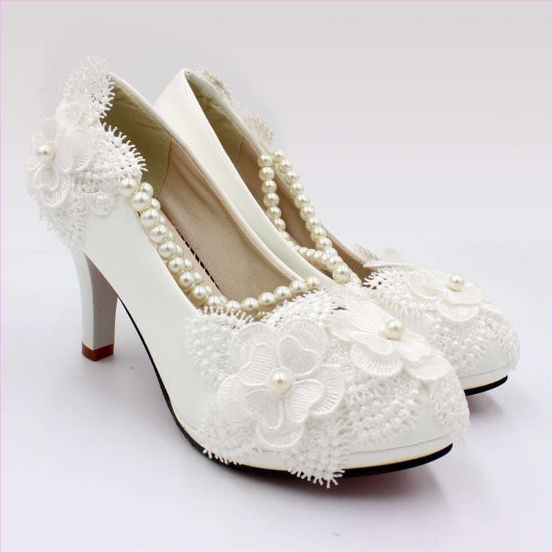 Elegant White Wedding Shoes with Pearl Strap and High Heel