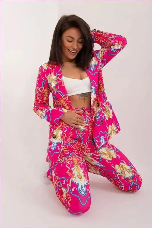 Elegant Women’s Set Jacket and Pants Button Closure Straight Legs Italy Moda
