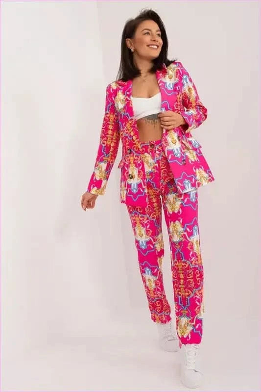 Elegant Women’s Set Jacket and Pants Button Closure Straight Legs Italy Moda pink s