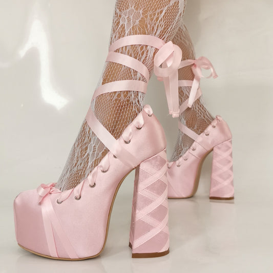 Pink High Heel Lace-up Ribbon Platform Womens Chunky Heels