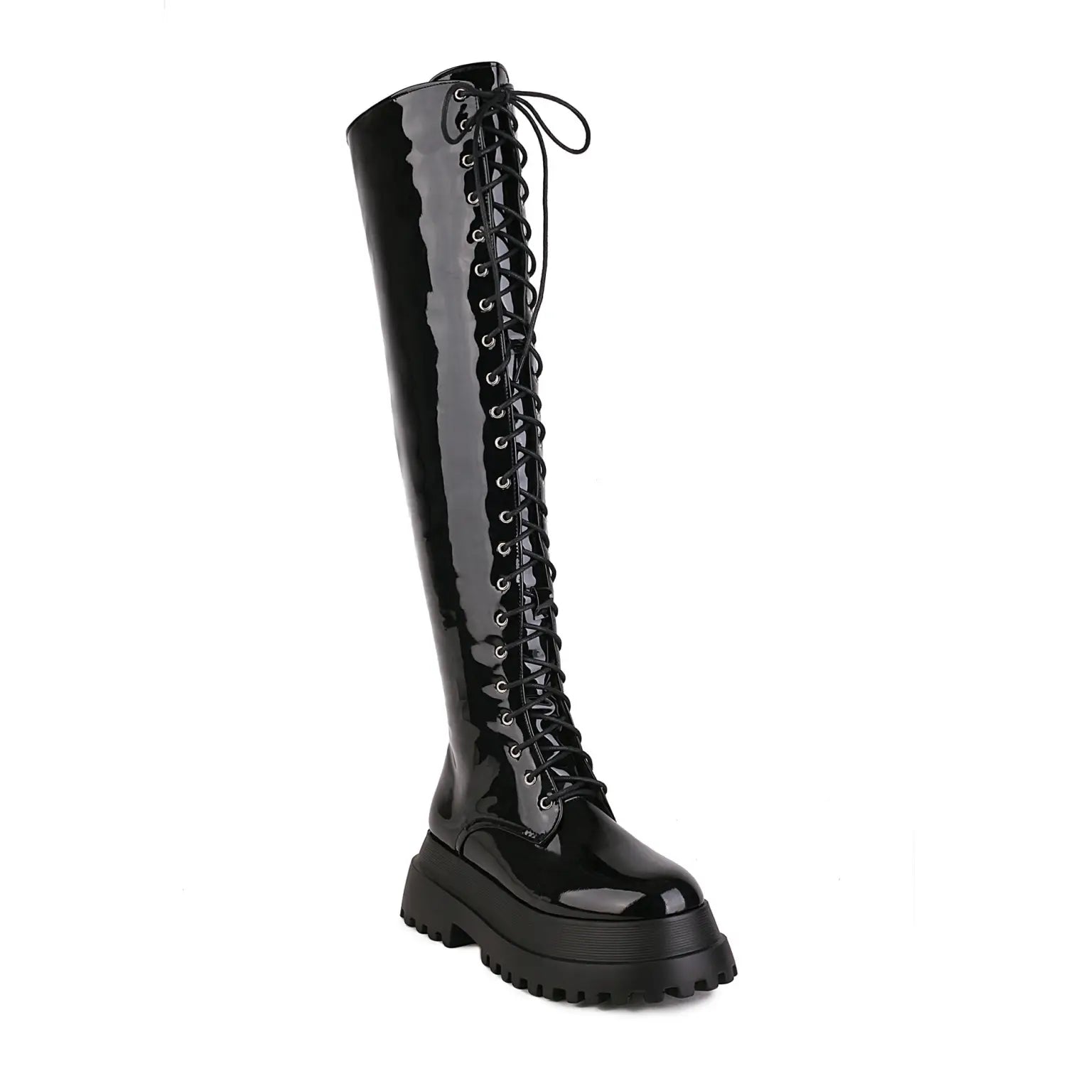 Ladies Knee High Punk Lace-up Round Toe Steampunk Style