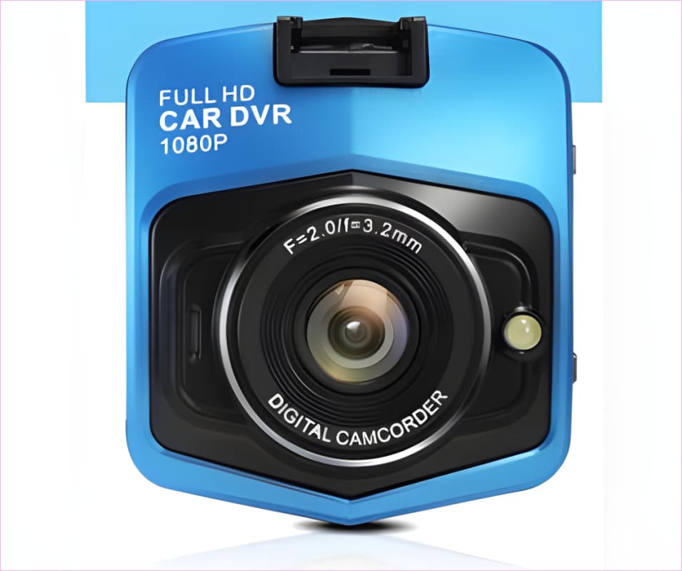 Compact blue and black car dashboard camera with ’Full HD Car DVR 1080p’ label.