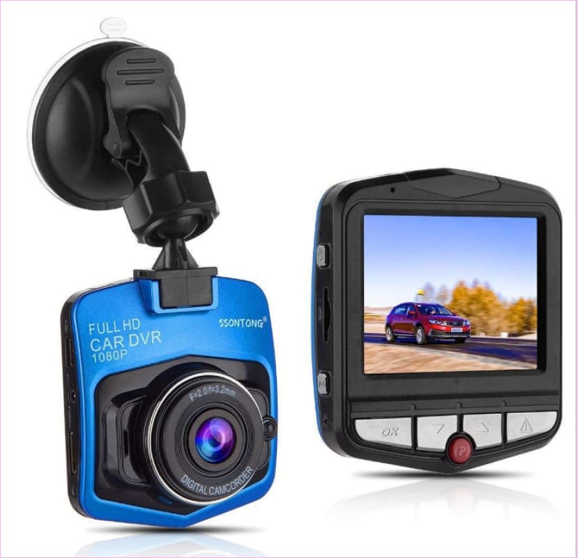Dash camera with a blue front panel and separate display screen showing a car on a road.