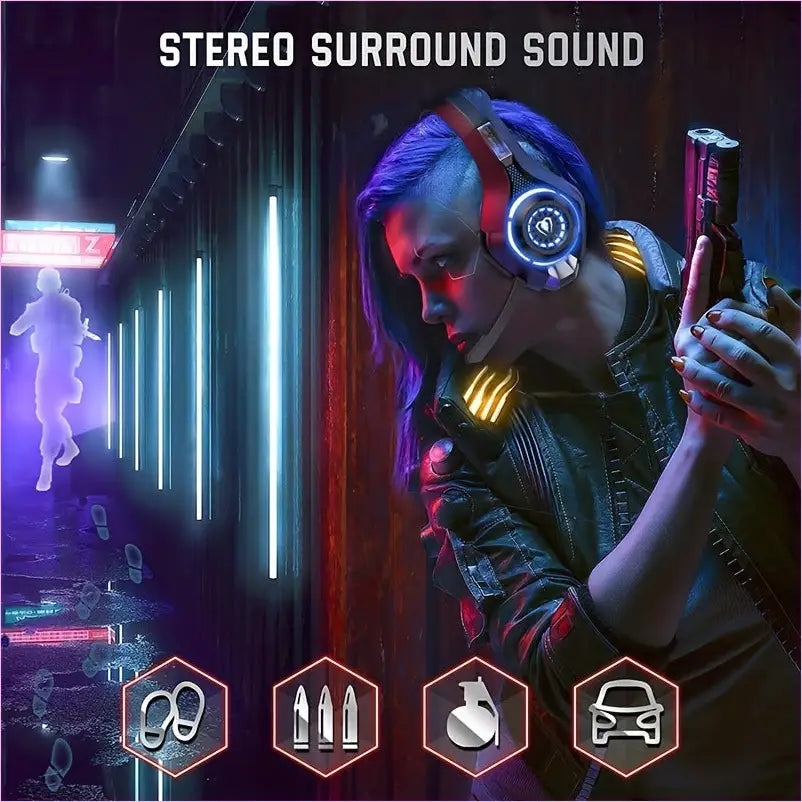 Futuristic figure wearing headphones and holding a gun in a neon-lit cyberpunk setting.