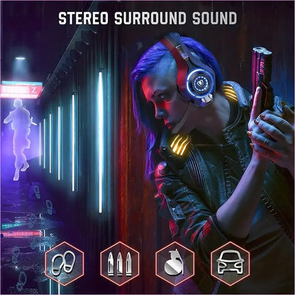 Futuristic figure wearing headphones and holding a gun in a neon-lit cyberpunk setting.