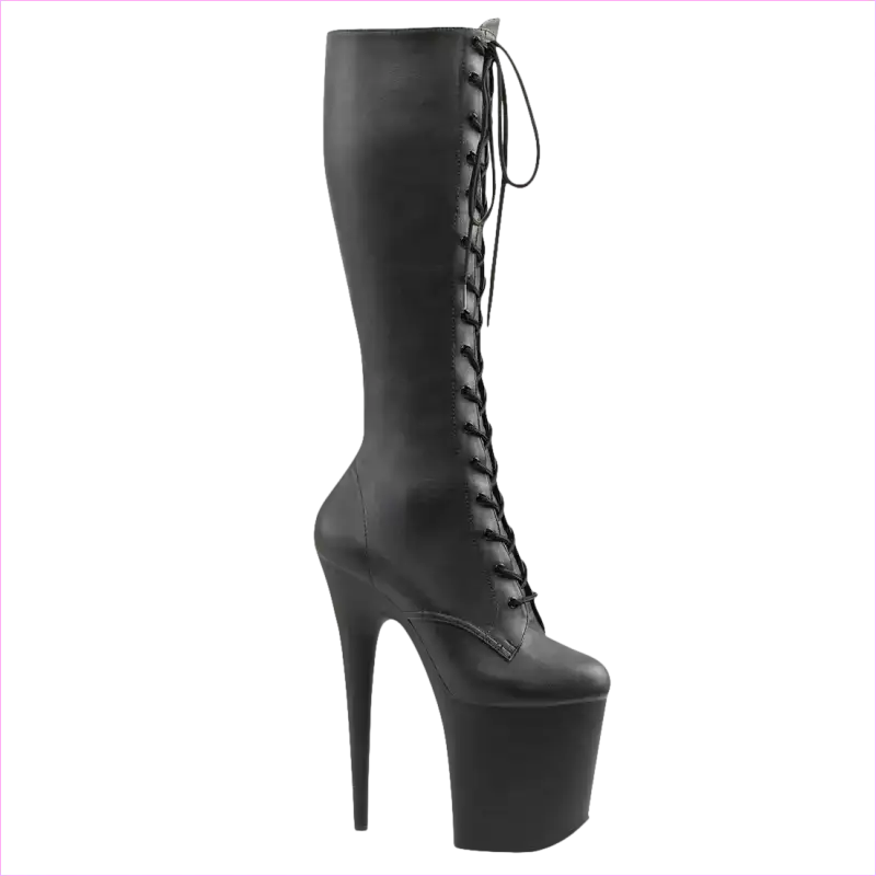 Tall black leather platform boot with extremely high heel and lace-up front.