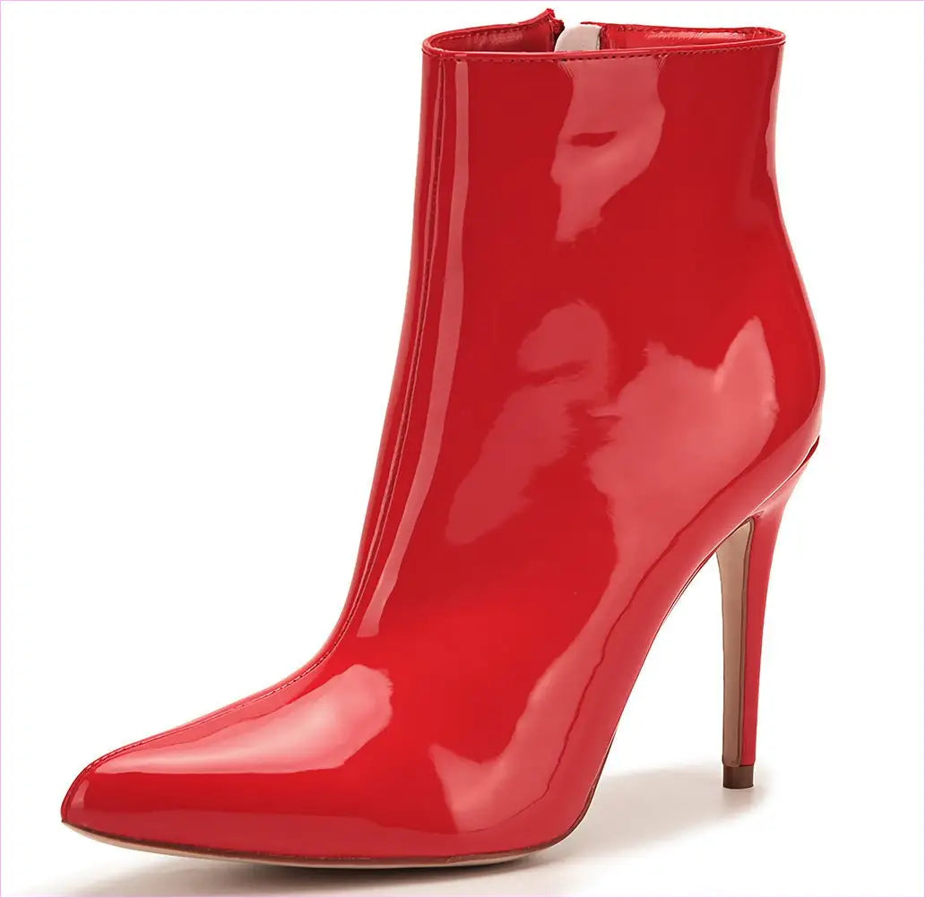 Glossy red high-heeled ankle boot with a pointed toe.