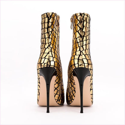 Gold Metallic Stiletto Ankle Boots with Square Pattern