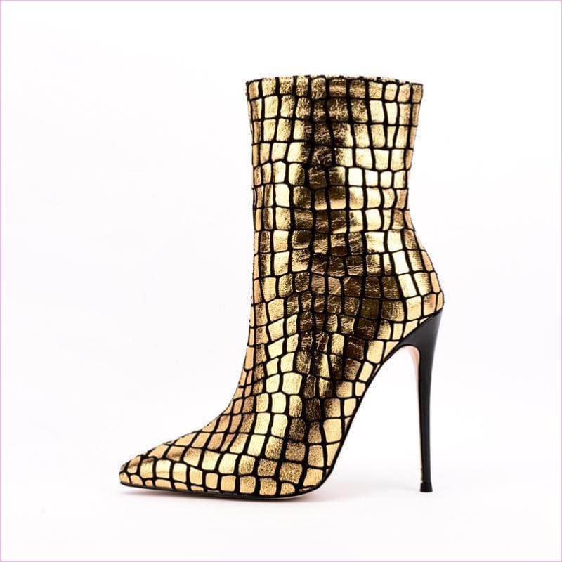 Gold Metallic Stiletto Ankle Boots with Square Pattern