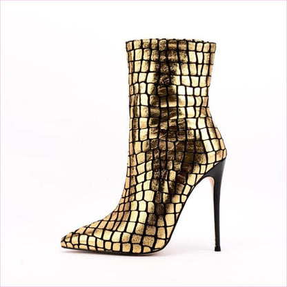 Gold Metallic Stiletto Ankle Boots with Square Pattern