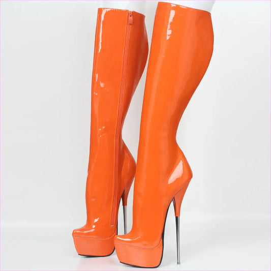 Pair of bright orange, knee-high platform boots with extremely high stiletto heels.