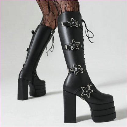 High Heel Star Design Locking Buckle Lace-up Knee Boots